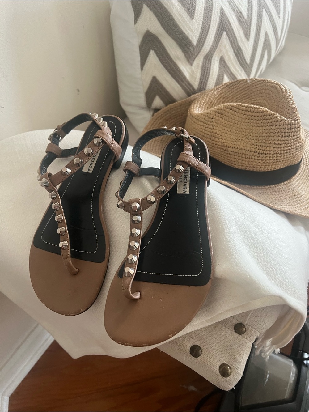 Balenciaga Tan Studded T-Strap Sandals size 6